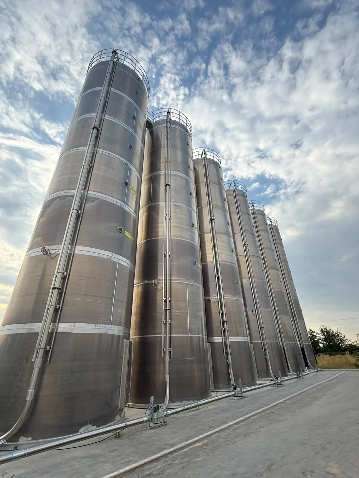 Sahada kurulumu tamamlanmış paslanmaz çelik silo bataryası