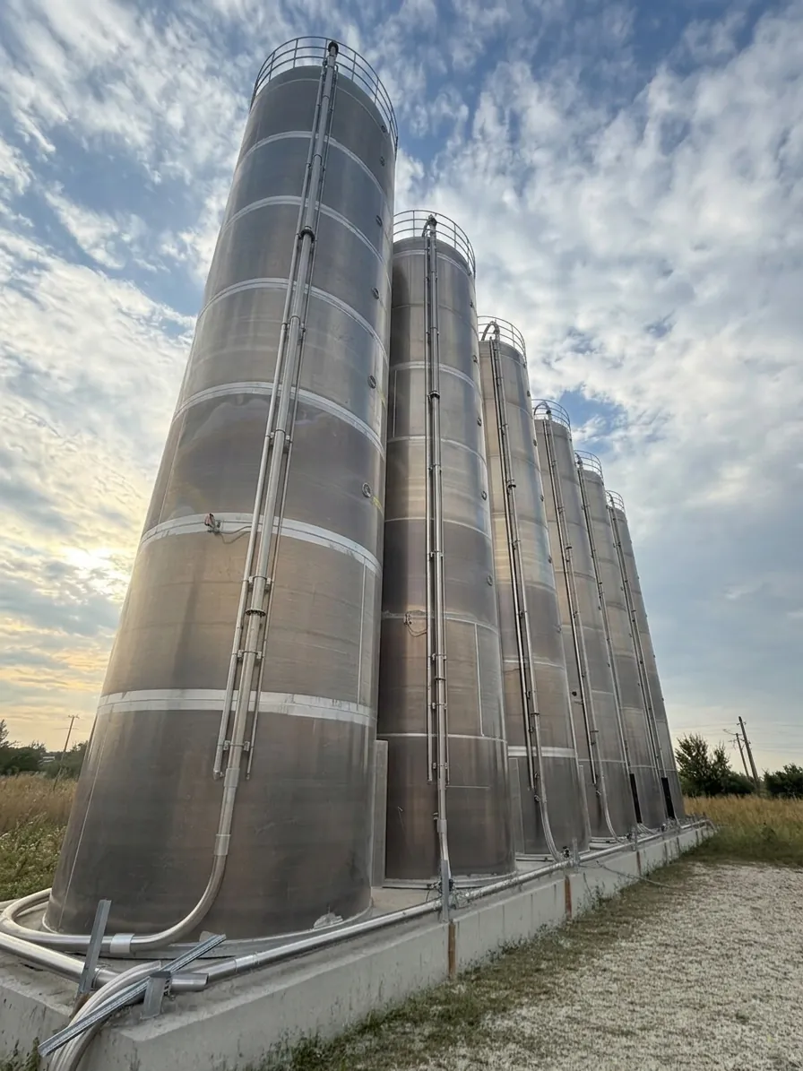 Beton kaide üzerine oturtulmuş paslanmaz silo bataryası